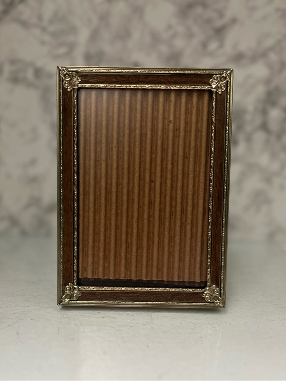 Vintage 5x7 Faux Wood & Brass Picture Frame, Ornate Gold Corners